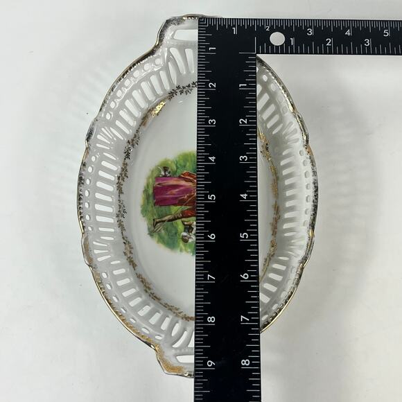 German Porcelain Trinket Dish Victorian Couple Farming Lattice Reticulated Bowl - Picture 5 of 9